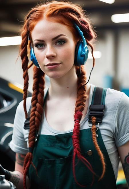 medium shot photo an absolutely stunning badass redhead girl who is a mechanic, dreadlocks, working on a supercar's engine. slightly muscular, tone, only wearing stained cap worn work gloves and dirty overalls, large boobs, sideboob, sweating, pale white skin, shiny skin, sweating, full sleeve colorful tattoo, smirking at viewer with one eyebrow up, oversized earphones, hoop earrings, pursed lips, bokeh,