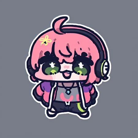 chibi <lora:Yananang:1>, 1boy, male focus, solo, jacket, jewelry, virtual youtuber, headphones around neck, shorts, headphones, hand on hip, multicolored hair, grey shirt, black jacket, necklace, looking at viewer, shoes, red hair, white background, full body, tattoo, black nails, grey shorts, tongue, black footwear, scar, piercing, shirt, sneakers, purple hair, green eyes, standing, open mouth, pink hair, tongue out, simple background, ring, short hair