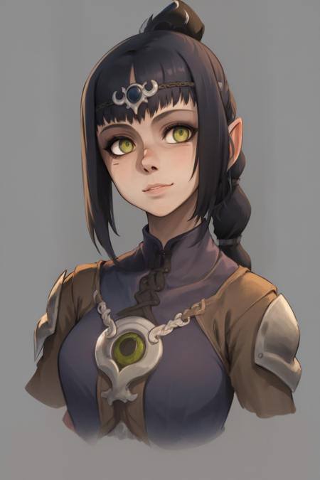 masterpiece, best quality, 1girl, shadowheart, black hair, braided ponytail, green eyes, circlet, closeup, looking at viewer, simple background <lora:ShadowHeart:1>  <lora:XaxaxaV2:1>