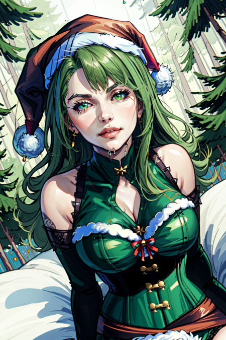 Mrs Claus,  Woman in a green corset,  wearing a santa hat,  skimpy lingere,  sensual,  laying down,  sexy,  christmas theme,  dripping,  skindentation,  pine trees,  green,  trees,  inked lines,  4 point perspective,  dutch angle