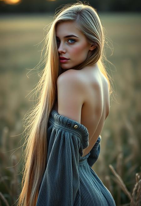 full-length photograph, (side view:0.33),((in a ((bright)) hazy++ dreamy wonderland open fields)), 1girl,beautiful,sexy,21 year old, european Scandinavian,alternative vibe, blonde ((extremely long++ hair:1.5)), side-parted hair, over face, hair past her feet, all the way to the ground, longest hair ever, beautiful face,cute face,beautiful blue eyes,contoured eyebrows,((big bursting round breasts:1.42)),(perfect detailed nipples),((fitted ,erotic model, full lips, skin colored lips, glossy lips, seductive,(eyeliner),(mascara), (deep cleavage),((perfect butt)),wide hips, thick thighs,thick body, arched back,(showing lots of skin), (bokeh),cinematic lighting,realistic shadows,realistic skin texture, masterpiece,Award-winning photography,((dreamy wonderland sunset backlighting)), hyper-realistic,photorealism,realistic lighting,