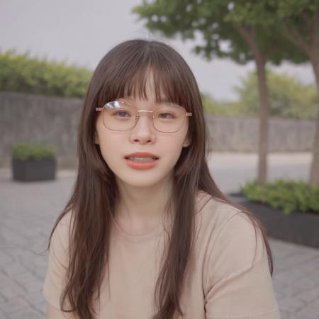 (best quality:1.4), (ultra highres:1.2), (photorealistic:1.4), (8k, RAW photo:1.2),(portrait shot:1.3), pinomyim, 1girl, solo, looking at viewer, bangs, brown hair, upper body, outdoors, blurry background, realistic, glasses, round eyewear, ponytail, realistic, long hair, Perfect Hands,   <lora:closemouth:0.75>,  <lora:braces-mini:0.75>,showing teeth,