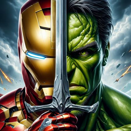 realistic image of a fantasy game Iron Man holding sword infront of face, half of the face is Iron Man, on other half its the Hulk, digital art, TwoFace Blade, HD, masterpiece, best quality, hyper detailed, ultra detailed,