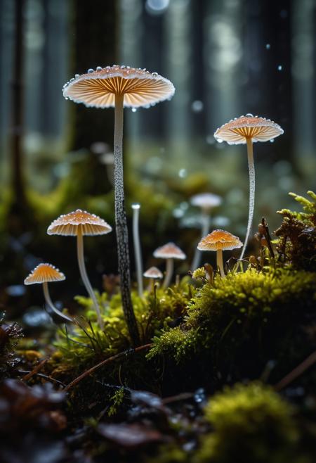 Delve into the enchanting microcosm of "Plants and Fungi" as you explore the delicate beauty of Mycena fungi, . This macro shot reveals the intricate details of the tiny fungi, showcasing their fragile stems and delicate caps with crystal-clear precision. In the foreground, soft flowers add an extra layer of natural charm, their petals framing the fungi like nature's own artwork. Set against a backdrop of the forest floor, the fungi and flowers stand out in sharp focus, while the surrounding environment melts away into the most exquisite bokeh. Small, twinkling bokeh lights in the background, like tiny orbs of magic, create a dreamlike atmosphere that highlights the ethereal beauty of the scene. (geautiful dew on top of fungi and on the ground),This mesmerizing image, shot with a Canon EOS R5 paired with a Canon RF 100mm f/2.8L Macro IS USM lens, captures every fine detail and subtle texture with stunning clarity. Immerse yourself in the hidden wonders of the natural world, where the interplay of light and shadow, combined with the finest bokeh and the charm of foreground flowers, elevates the humble Mycena fungi to a work of art., (dark shot), (deep darks), (deep shadows), (muted highlights), (vibrant colors), (dramatic shadows), insane details, (high quality), (ultra detail), (high resolution), (masterpiece), (complex and beautiful), (exquisitely beautiful), , cinematic, (gorgeous), insane details, 8K, UHD, (brilliant composition),