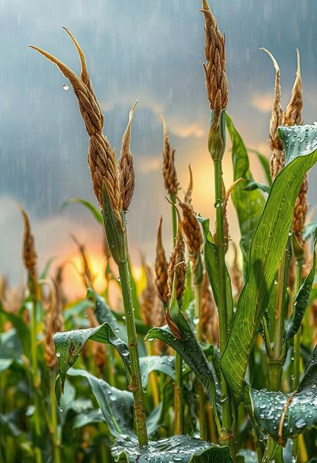 a bunch of milpa plants, with water droplets on them, milpa dripping, a Gaint milpa planting system of corn, squash, beans, wearing a milpa planting system, milpa dripping juice, milpa, milpa wall, “milpa, rainy background, raindrops, wild milpa plants, beautiful art uhd 4 k, clear liquid and snow, nature wallpaper, gems and diamond for milpa plants, rain drops, 32k, rain drops, sun shining behind the glowing clouds,