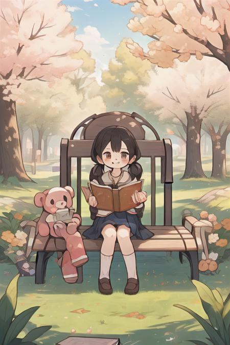 ((A child,small cute plush ball erringsï¼pigtailsï¼jumper skirt,A charming smile,reading picture-story book)),Parks, lawns, cherry trees, benches, masterpiece, best quality, <lora:noline:-1>, jianbihua, marketingflat, marketingflattexture,