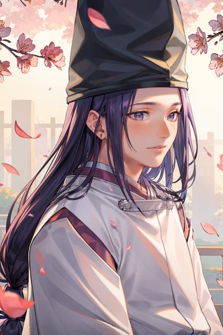 masterpiece, best quality,male focus, 1boy, hat, solo, japanese clothes, long hair, tate eboshi, tree, kariginu, petals, ribbon-trimmed sleeves, ribbon trim, wide sleeves, looking at viewer, upper body, black hair, bishounen, closed mouth, outdoors, cherry blossoms, sleeves past wrists, black headwear, sleeves past fingers, long sleeves, torii, purple hair, day, kimono, expressionless, sidelocks, black eyes, lips, falling petals, white kimono