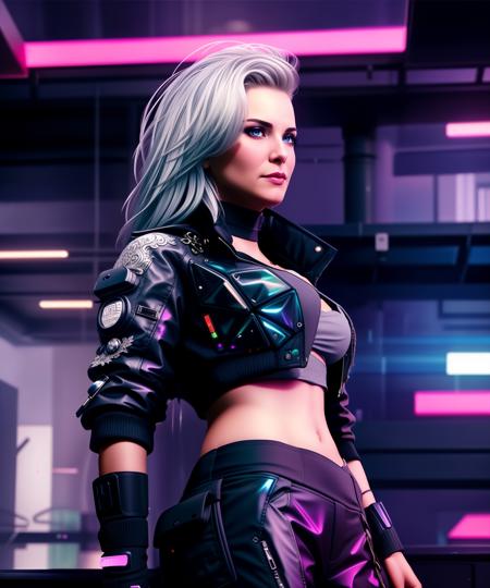 a woman, silver hair, medium breast, full body, cinematic, uhd, hdr, posing, by conor harrington <lora:RogueA:0.85>, (Cyberpunk), futuristic, neon, urban, dystopian