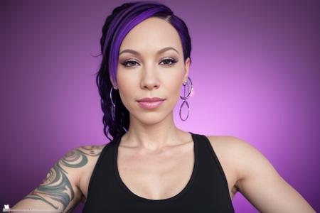 a portrait of DEN_shannyn_visceral in front of a [plain black background] wearing a black tank top, collarbone, [headshot], [centre frame], looking at the camera, facing the camera,
[gentle smile closed mouth], dynamic lighting, mole above her lip on the right,
photorealistic, high detail, detailed, masterpiece, 8k, highres, flawless, colour, professional