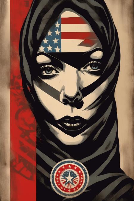 <lora:Shepard Fairey Style:1>Shepard Fairey Style - visage noir femme avec masque sanitaire regard sombre drapeau americain en fond style shepard fairey