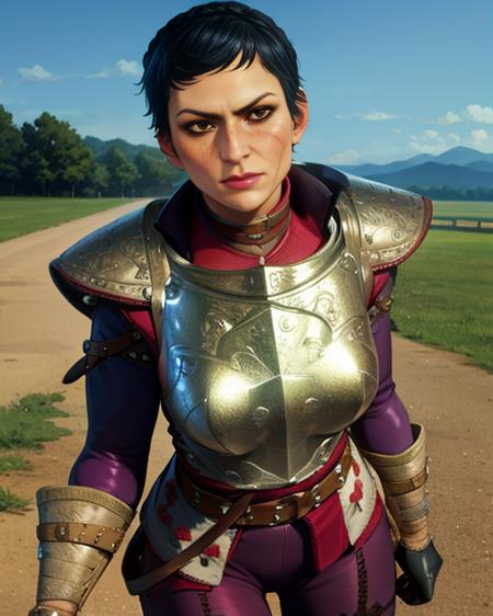 Cassandra,brown eyes,freckles,scar on face, very short black hair ,makeup, solo, facial shot, poitrat,  serious expression, mouth closed, 
CasAr,brown gauntlets,breastplate,belt,armored boots, red shirt with purple sleeves, stitched  purple pants,
near a training dummy, outside, morning, 
(insanely detailed, beautiful detailed face, masterpiece, best quality)    <lora:Cassandra:0.8>