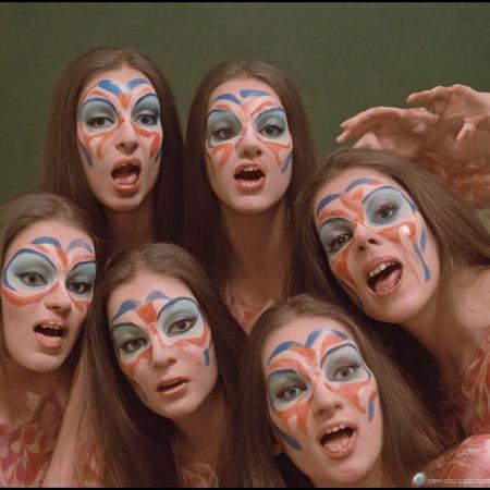 a surreal and movie still close-up-shot, a 1970s Sao Paulo Brazil Theater of the Absurd movement, three gorgeous long hair brunette dancers distorted and exaggerated features, wearing stretched exaggerated mouths made of plastic polymer masks, their bodies painted with whimsical colorful patterns, in a bizarre and hallucinogenic theatre set, with vibrant and contrasting colors, dynamic composition, dramatic surreal theatrical lighting, Leica M3, 50mm lens