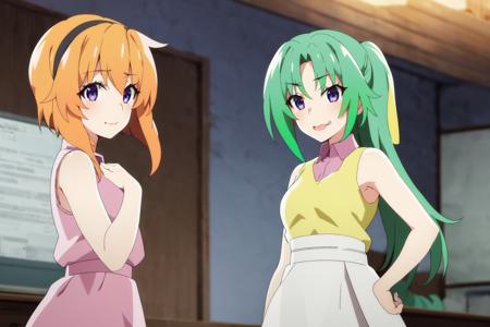 (masterpiece, best quality:1.3), <lora:higurashi:1>, higurashi, long_hair, looking_at_viewer, smile, short_hair, open_mouth, bangs, multiple_girls, blonde_hair, shirt, dress, 2girls, bare_shoulders, blue_hair, purple_eyes, collarbone, closed_eyes, upper_body, :d, hairband, sleeveless, collared_shirt, indoors, blunt_bangs, sleeveless_shirt, sleeveless_dress, ^_^, wavy_mouth, black_hairband, clenched_hands, pink_shirt, green_dress, hands_on_hips