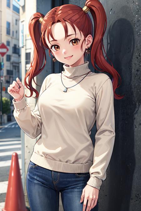 masterpiece,best quality,highres,ultra-detailed,aajessica,brown eyes,long hair,twintails,earrings,necklace,<lora:jessica_albert:0.8>,(sweater:1.2),turtleneck,jeans,street,smile,standing,