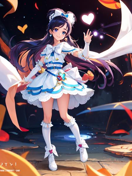 cure white white miniskirt, capelet, bowtie, heart brooch, arm warmers, white boots