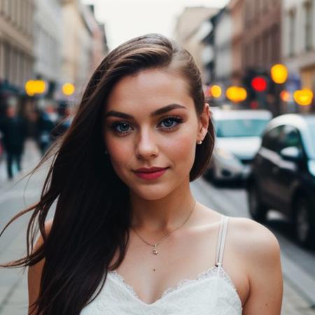 instagram photo, closeup face photo, young dutch woman, wearing a dress, beautiful face, makeup, night city street, bokeh, motion blur