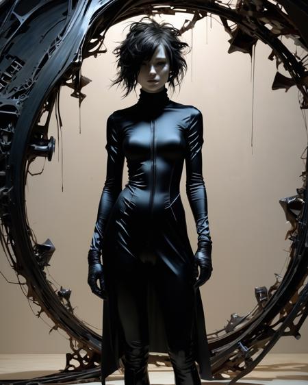young female, liminal space, full body, Synthesis, Phase Harmony, relief, Silk, Fourier, Bekeshi and Surface, by Ashley Wood, mechanical and organic background, contrast of light and dark, surreal atmosphere, Eldritch abomination, amorphous shapes, chaotic forms, unsettling textures, whispers from the void, haunting emanations, shadowy depths, incomprehensible horror, eerie, otherworldly, grotesque amalgamations