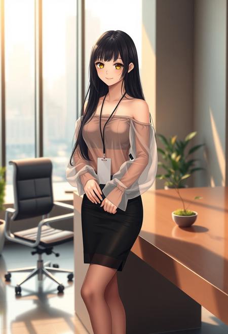 A shy and beautiful anime-style young female secretary standing beside a modern CEO's office desk during the daytime. She has long, silky black hair and gentle eyes, looking slightly down with a shy smile. She wears an elegant off-shoulder transparent thin summer blouse without straps, with long flowing sheer sleeves, tucked into a thin, very short black transparent mini pencil skirt. She also wears delicate transparent black stockings and modest black heels. A small ID badge hangs subtly from her waist, highlighting her reserved posture. Her cheeks are blushing softly as she stands next to the CEO's luxurious desk. Behind her is a wide office glass window showing a bright daylight cityscape. The office features soft natural lighting, modern furniture, indoor plants, and a clean, high-end design. Full-body view, soft-focus anime style, warm tones, cinematic lighting with subtle bokeh.