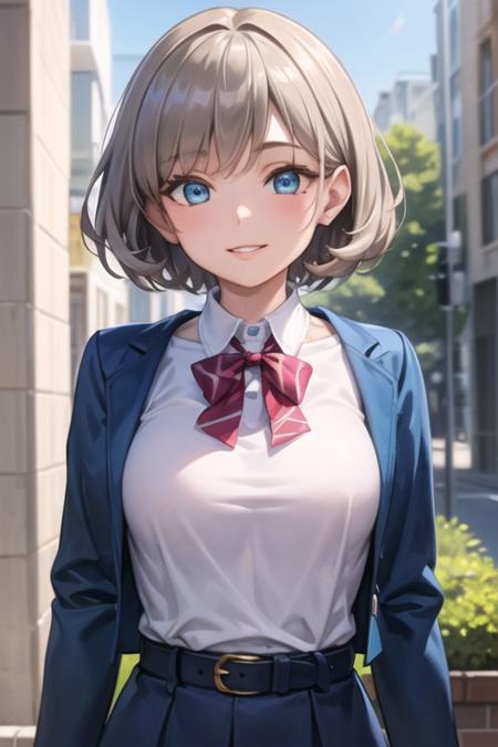 (masterpiece, best quality, ultra-detailed), (illustration), (beautiful detailed eyes), (1girl), (solo),  <lora:keke_v1:0.5>, tang keke, gray hair, short hair, blue eyes, parted lips, smile, closed mouth, medium breast, school unifrom, blue jacket, grey dress, belt,