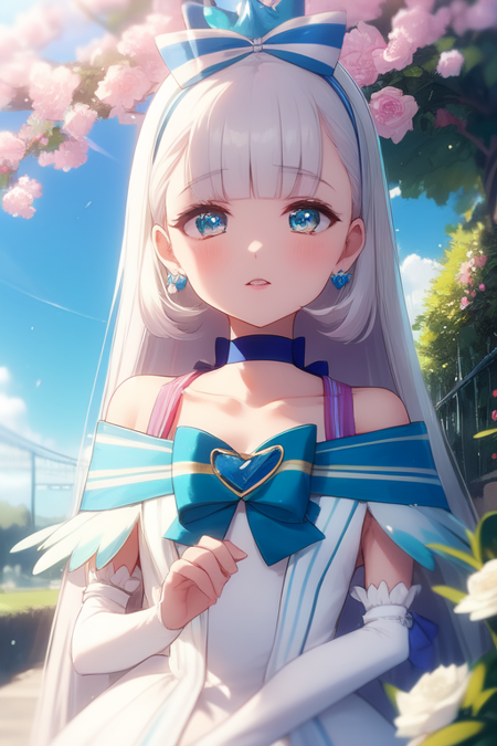 cure nyammy big pretty eyes blue eyes long hair bangs blunt bangs white dress light blue ribbon on dress bow magical girl heart brooch choker jewelry thighhighs earrings blue footwear blue heels kitten heels blue kitten heels