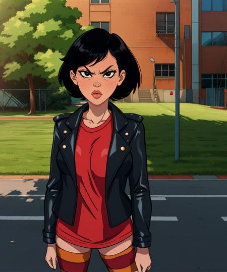 Ashley,black eyes,lips,black hair,short hair,
red shirt,leather jacket,striped legwear,oversized shirt,
standing,serious,
school yard,outdoors,
(insanely detailed, beautiful detailed face, masterpiece, best quality),solo,<lora:ashley:0.8>,