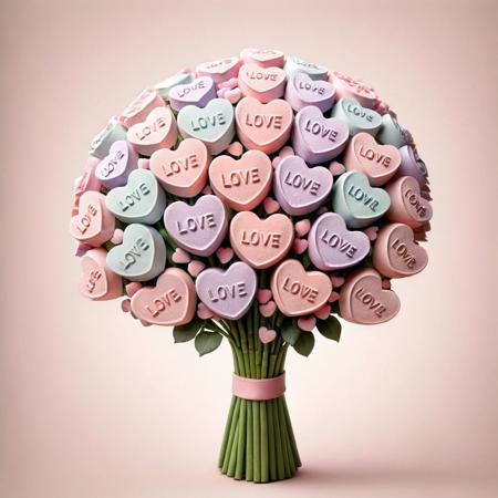 A bouquet of flowers where each petal is a colorful ais-heartz, set against a soft pink background, under gentle sunlight. <lora:Love_Hearts_SDXL:1>