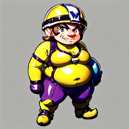 full body, simple background, standing, Wariette, 1woman, solo, full body render, very fat, biker gear, helmet, purple and yellow clothes, dark brown hair, no facial hair, no mustache