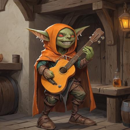 fantasy d&d image of a cute bard path_goblin, wearing a orange  hoodie cloak with a guitar , on a medieval tavern,<lora:Path_goblin:1>