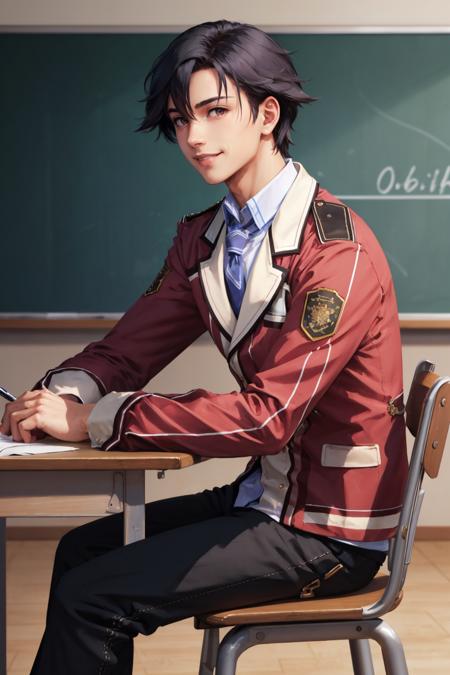 masterpiece, best quality, rean schwarzer, sen1rean, school uniform, necktie, black pants, sitting, desk, smile, classroom, chair, from side, looking at viewer <lora:rean-nvwls-v1-000009:0.9>