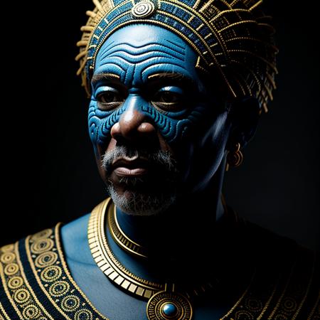 morgan freeman, naki,  <lora:Naki:0.95> blue and gold, tribal