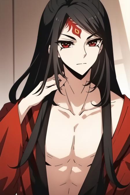 1boy, long hair, black hair, straight hair, red eyes, phoenix feather tattoo on the right head,  pectoral cleavage