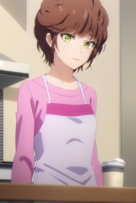 keikikisaragi, <lora:keiki kisaragi s1-lora-nochekaiser:1>,
keiki kisaragi, short hair, brown hair, (green eyes:1.3), smile,
BREAK shirt, apron, pink shirt,
BREAK indoors, kitchen,
BREAK looking at viewer, (cowboy shot:1.5),
BREAK <lyco:GoodHands-beta2:1>, (masterpiece:1.2), best quality, high resolution, unity 8k wallpaper, (illustration:0.8), (beautiful detailed eyes:1.6), extremely detailed face, perfect lighting, extremely detailed CG, (perfect hands, perfect anatomy),