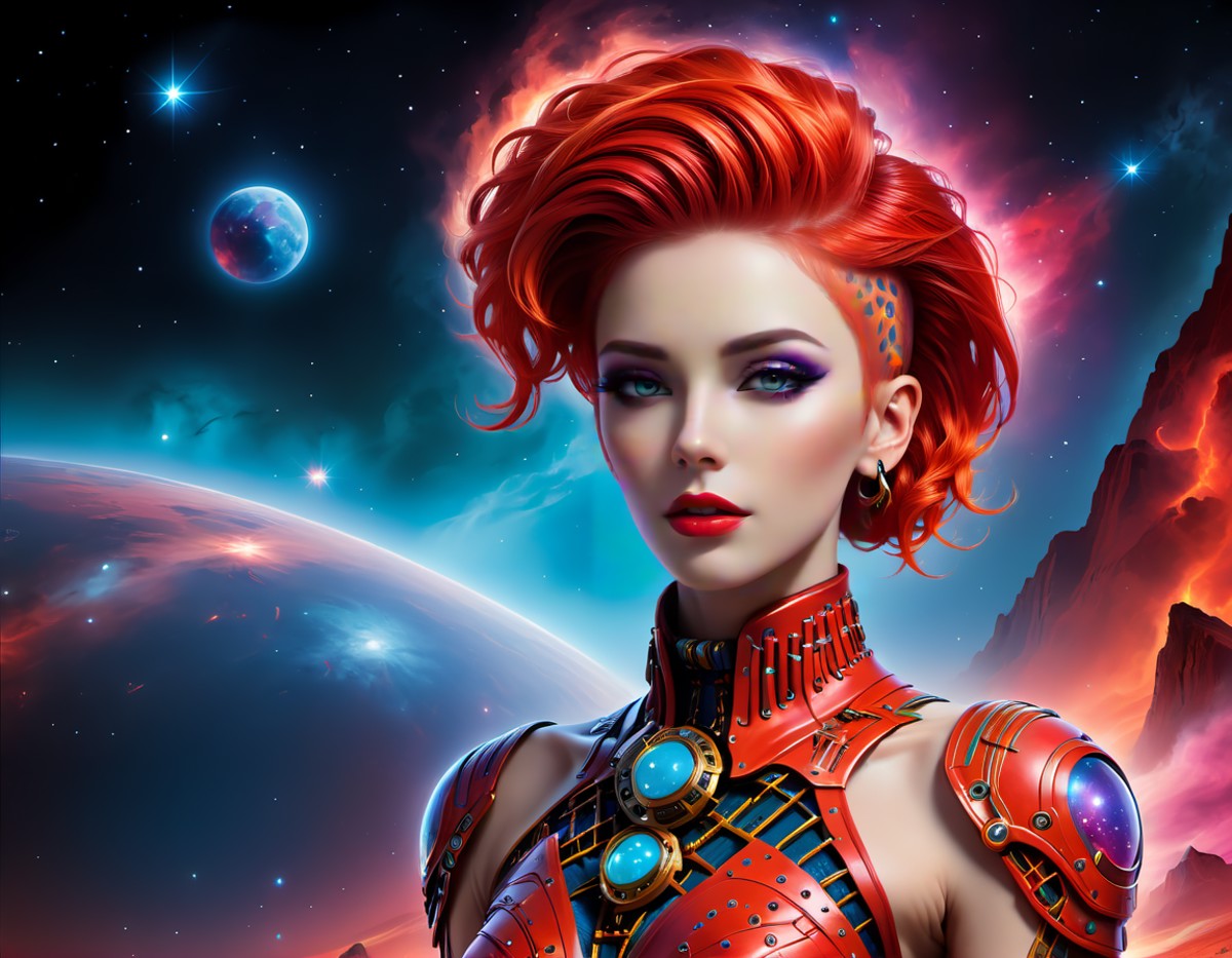 Vibrant and captivating atompunk art depicting an alluring figure, adorned in a stillsuit with intricate details, exudes c...