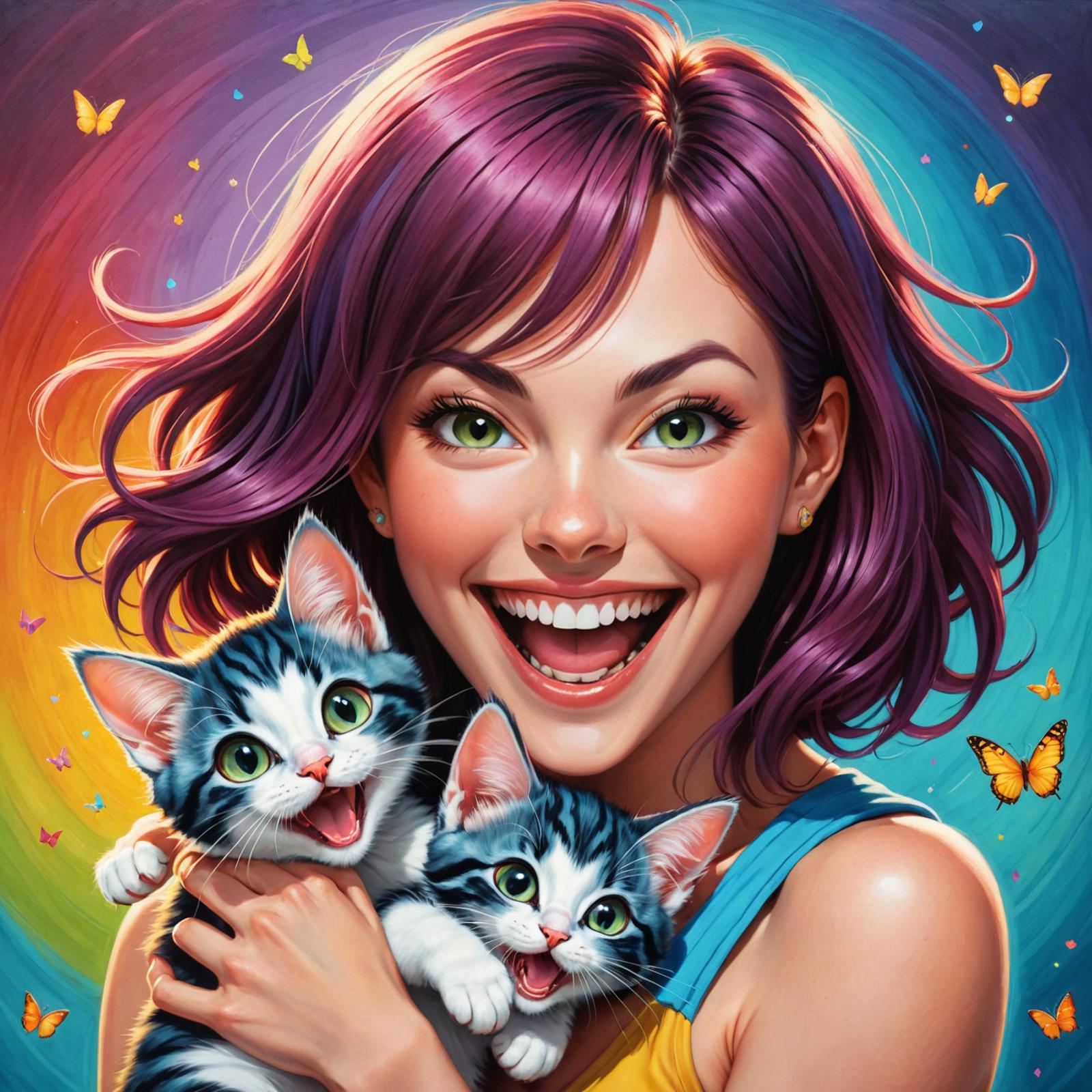 Colorful Illustration of a Woman Holding Two Kittens and Smiling