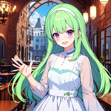 <lora:ennafol_v2:1>1girl,solo,bangs,ennafol,best_quality,green_hair,masterpiece,purple_eyes,very_long_hair,:D,blush,waving,indoors,looking at viewer,dress,cafe,food,absurdres, highly_detailed,clouds,blue_sky,flat chest, cake,