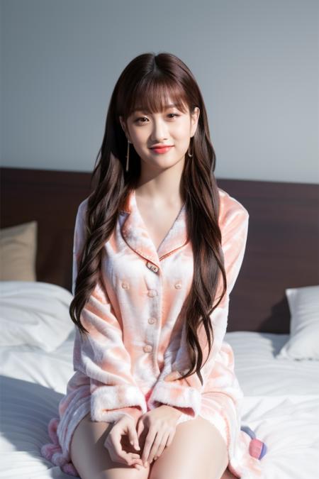 <lora:fromisSeoyeon:1>,Seoyeon,bangs,black hair,RAW photo,physically-based rendering,(8k, best quality, masterpiece:1.2),(full body shot:1.4),octane render,extremely detailed CG unity 8k wallpaper,studio soft light, rim ligh,in hotel,bed,cozy room,sunlight,(a girl is wearing pajama:1.5),hyper realistic detail shiny skin,ultra detailed,(ultra realistic:1.5),(looking at viewer:1.2),(intricate:1.2),(photorealistic:1.4),1girl,(skinny:1.3),detailed background,(smile:1.2)