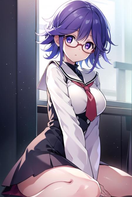 hanakazuki, <lyco:hanakazukiLYCORIStest:1>,
hana kazuki, short hair, hair between eyes, (purple eyes:1.1), purple hair,  glasses,
BREAK long sleeves, dress, school uniform, necktie, black dress, short dress, red necktie,
BREAK looking at viewer,
BREAK indoors, classroom,
BREAK <lora:GoodHands-vanilla:1>, (masterpiece:1.2), best quality, high resolution, unity 8k wallpaper, (illustration:0.8), (beautiful detailed eyes:1.6), extremely detailed face, perfect lighting, extremely detailed CG, (perfect hands, perfect anatomy),