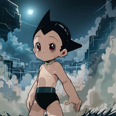 ((masterpiece, best quality)),(complex light),solo,solo focus,1boy,astro boy, <lora:AstroBoy1-10:1>, red eyes,destroyed debris background,smooth torso,black underwear,