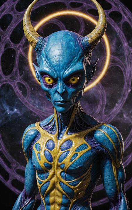 An award-winning digital art piece, redolent of the surrealism and futurism movements, that features a mysterious blue alien with yellow eyes and horns. The alien is the centerpiece of an ethereal vortex, swathed in darkness, with the interplay of shadows and highlights underlining strange patterns and creatures. The color palette majestically weaves blue, purple, and yellow, evoking an otherworldly aura. This art piece is featured in prestigious publications like Wired Magazine, SFX Magazine, Cinefex, and displayed in renowned galleries like The Louvre, Museum of Modern Art, and Tate Modern.