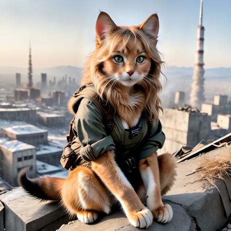 (Highest Quality, 4k, masterpiece:1.1), (realism, photorealistic:1.4), ray traced, hyper realism, soft lighting, detailed background, film grain, (detailed fur texture:1.3),
BREAK
((furry:1.3) cat girl), ((wearing post apocalyptic outfit:1.2)), inside a destroyed city after nuclear blast, sitting on a ammonition chest,looking down from a hill, holding a gun, looking angry, visible fangs (perfect anatomy),((paws)), (aurora borealis), (close up:1.3), high quality photography, 3 point lighting, flash with softbox, 4k, Canon EOS R3, hdr, smooth, sharp focus, high resolution, award winning photo, 80mm, f2.8, bokeh