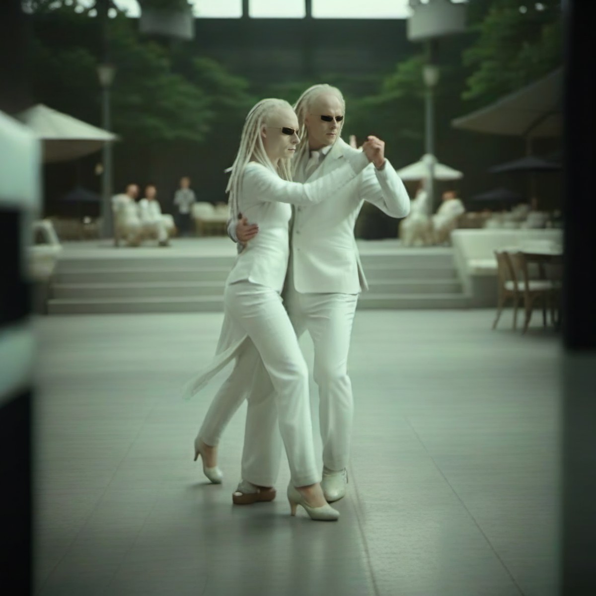 cinematic photo full body two pale men dressed in white, dreadlocks, sunglasses, dancing tango <lora:TheTwinsMatrix1024:0....