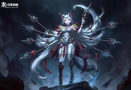 Epic detailed full-body concept art: A white voluptuous  Cat Girl Magician, adorned with red and blue accents, stands tall on a Castle of Dark Illusions background. With a sophisticated design, including multiple arms and legs equipped with Cannonball Spear Shellfish, the Magician is ready for battle. Its dynamic pose, with weapons pointed upwards, exudes a sense of readiness. Despite the intricate design, there's harmony in the way the parts come together, creating a captivating 4k resolution, highly detailed illustration, perfect for CGSociety or Artstation trending on ArtstationHQ.