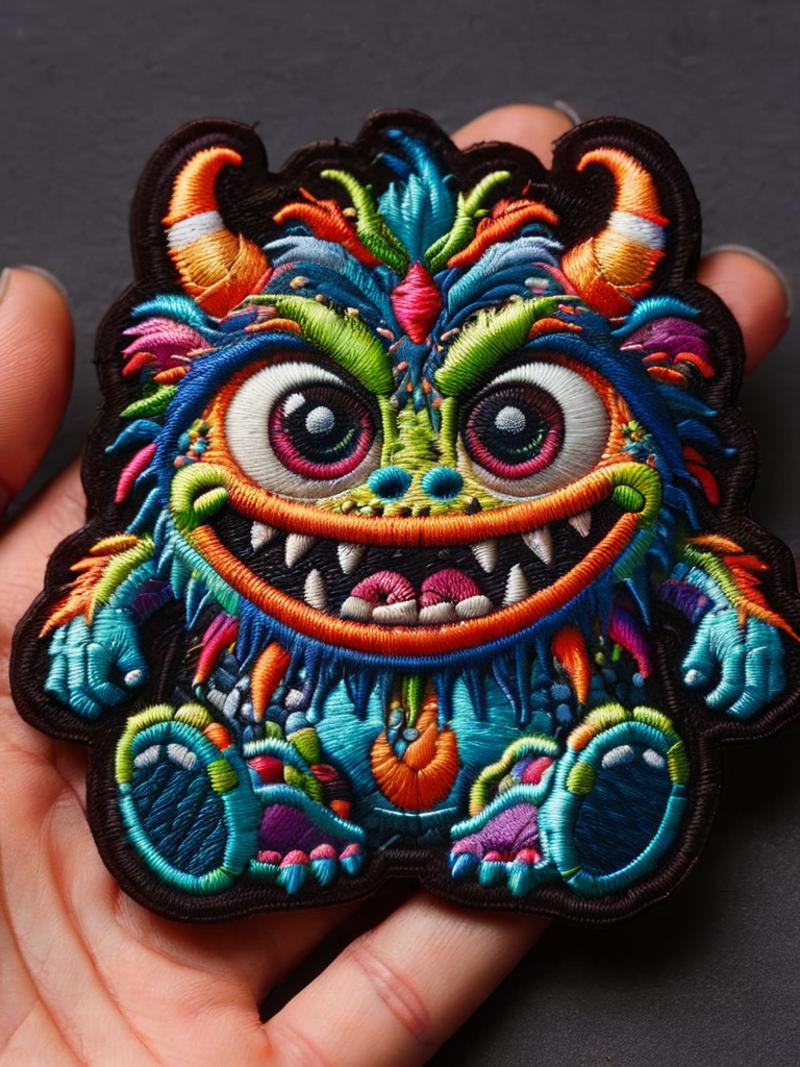 A colorful, hand-sewn monster is held up by a person.