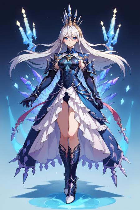 edgShiva,white hair,crown of ice,dress,armor blue eyes, gloves