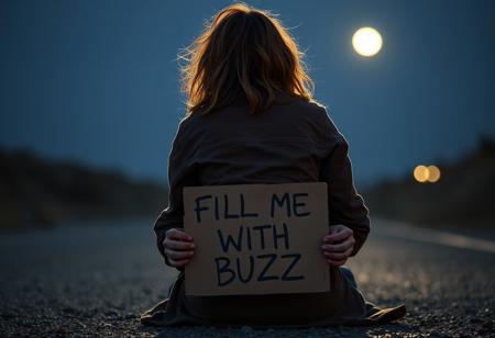 full figure shoot of 30 years old sexy woman, dog position , from behind with head facing to viewer, wearing vagabond clothes, nasty halley scene, holding a cardboard that says "FILL ME WITH BUZZ" moonlight illuminate the scene