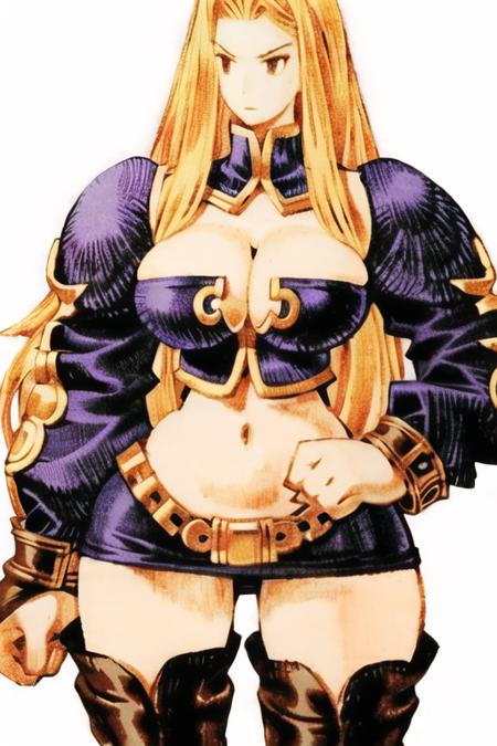 <lora:fftstyle_v1.8_Av3_&_NAI_merged:1> 1girl, blonde hair, large breasts, jewelry, cleavage, thick thighs,, wide hips, scowl, impossible clothes, belly chain