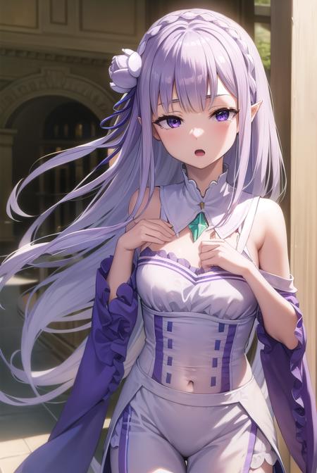 emilia, braid, crown braid, flower, hair flower, hair ornament, hair ribbon, long hair, pointy ears, (purple eyes:1.2), white hair, x hair ornament, detached collar, detached sleeves, frilled sleeves, frills, long sleeves, miniskirt, pleated skirt, ribbon, skirt, thighhighs, white skirt, white sleeves, white thighhighs, wide sleeves, zettai ryouiki alternate costume, cardigan, open cardigan, open clothes, sailor collar, school uniform, scrunchie, serafuku, sleeves past elbows, wrist scrunchie,