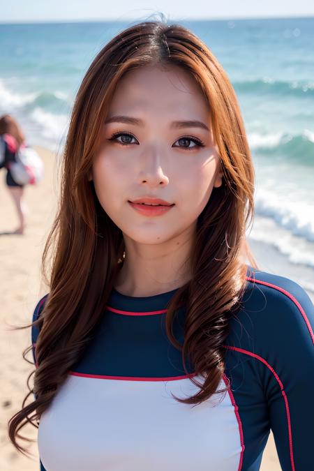 frontal view, medium shot, 1woman, outdoor, seaside, (looking at viewer:1.5), masterpiece, best quality, HDR,UHD,8K, <lora:mishyfish:0.84>, mishyfish, soft lighting, upper body, long sleeve dive suit, Curly hair, windy,