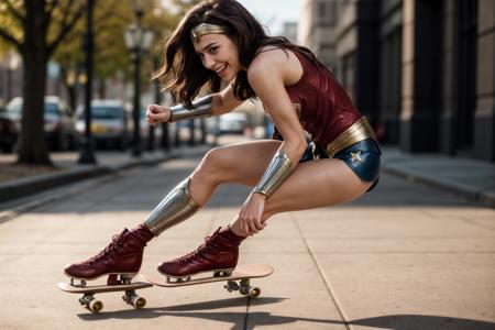 DC movies,wonder woman,photo of a 18 year old girl,skating on a skateboard,happy,laughing,fit and petite body,ray tracing,detail shadow,shot on Fujifilm X-T4,85mm f1.2,sharp focus,depth of field,blurry background,bokeh,lens flare,motion blur,<lora:add_detail:1>,