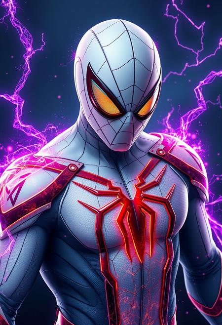 Spider man 2099 white costume, has Fire and electric powers and lots of purple sparks, dinamic, red logo spider, concept, realistic, high resolution, 4k, head and shoulders portrait, 8k resolution concept art portrait by Greg Rutkowski, Artgerm, WLOP, Alphonse Mucha dynamic lighting hyperdetailed intricately detailed Splash art trending on Artstation triadic colors Unreal Engine 5 volumetric lighting
